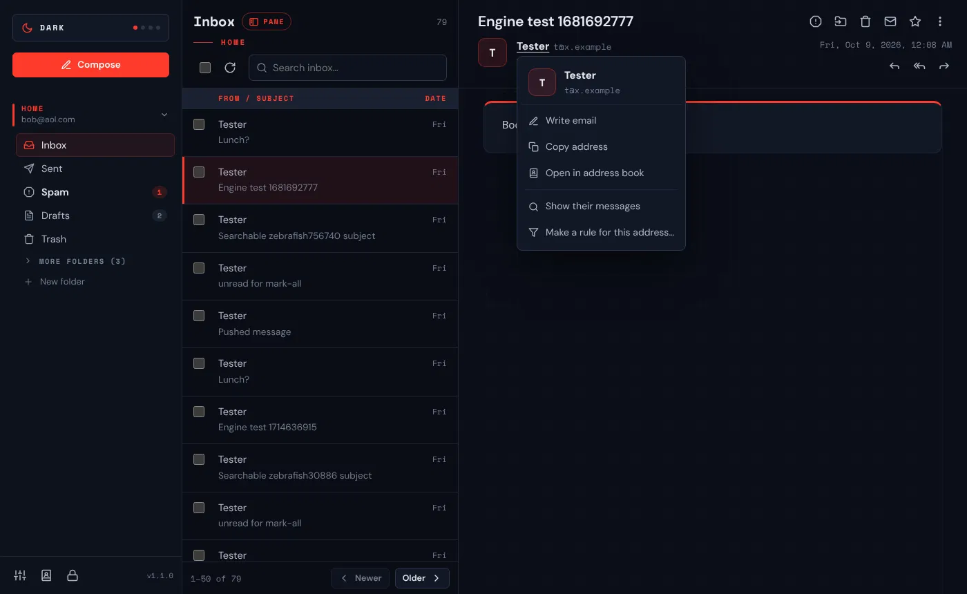 peep in a browser: mailbox folders on the left, the inbox list in the middle, and an open message on the right with the sender's contact card showing Write email, Copy address, Open in address book, Show their messages and Make a rule for this address.